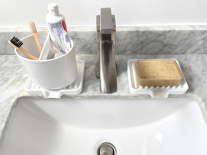 Happitasa Silicone Soap Dish Tray and Sponge Holder with Drain Chute, Pack of 2 | Bathroom and Kitchen Sink Organizer Caddy (Pale Yellow, 5.2"x4", 7.2 Ounces)