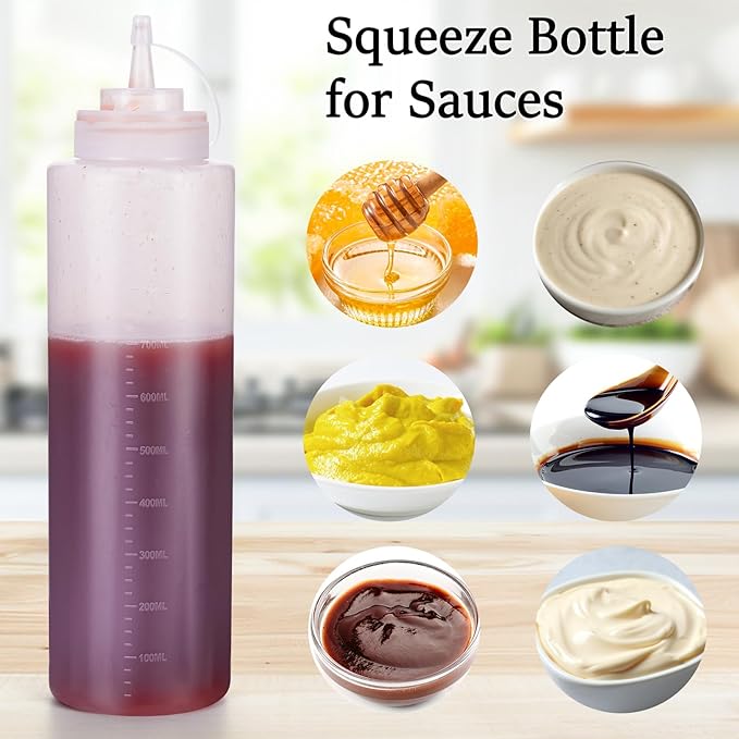 Condiment Squeeze Bottles Ketchup Dispenser, 4 Pack 32oz Squeeze Bottles for Liquids, Plastic Sauce Bottle with Cap Lid, Squirt Bottles for Sauces Liquids BBQ Dressing Pancake Art