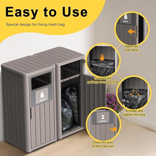 Outdoor Double Barrel Trash Can,Waterproof Resin Garbage Can with Garbage Labels,Durable Waste Bin for Porch, Backyard,Kitchen,for 30 to 39 Gallon Trash Bags