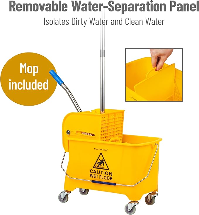 Mind Reader Bucket with Wringer and Mop Set, 22 Qt (5.5 Gallon), Floor Cleaning, Wheels, 16.25" L x 10.75" W x 24.5" H, Yellow