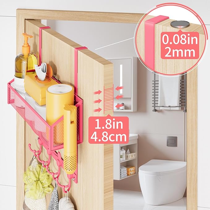 Over The Door Hooks Organizer, Coat Rack Over The Door Storage Hanger Towel Rack, Back of Storage Organizer for Bathroom,Bedroom,Kitchen,Office(Pink 2-Tier)