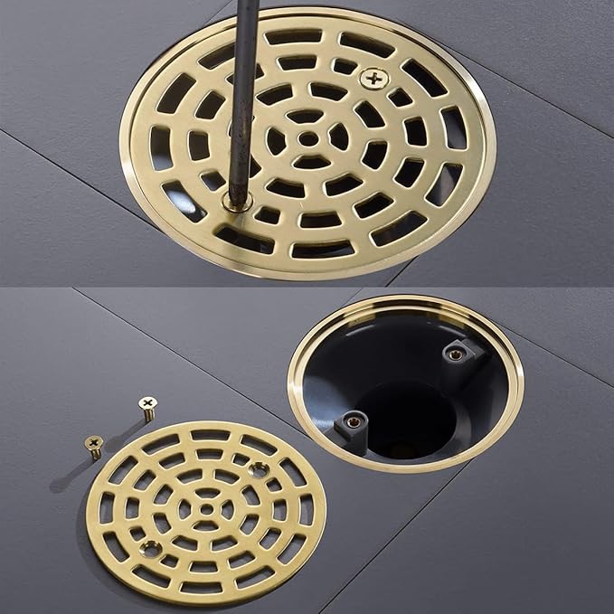 RANDOM Round Shower Drain SUS304 Stainless Steel Brushed Gold Shower Drain 4 inch with Adjustable PVC Base Flange,Shower Floor Drain with Removable Cover Grid Grate