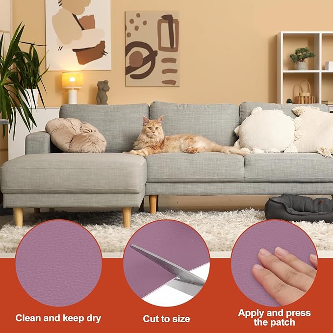 PATIKIL Leather Patches Tape for Furniture, 3.2 x 61 Inch Self Adhesive Vinyl Leather Repair Kit Cover Sheet for Couch, Sofa, Car Seats, Office Chair, Light Purple