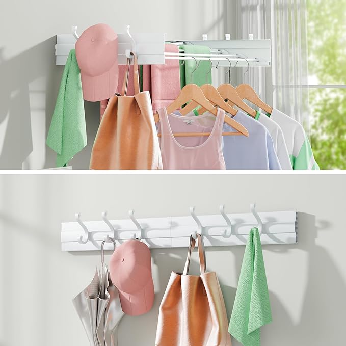 BAKON Clothes Drying Rack Wall Mounted 40", Laundry Clothes Drying Rack Collapsible with 6 Towel Hooks and 5 Rods for Hanging Clothes, Space Saving Laundry Rack for Small Space Bathroom Bedroom(40")