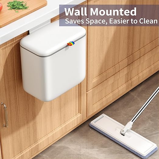 Kitchen Compost Bin with Lid - Hanging Small Trash Can for Countertop or Under Sink, 2.6 Gallon Wall Mounted Garbage Can for Cabinet Door, Indoor Food Waste Bin for Bathroom, RV, Office, White