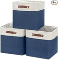 HNZIGE Baskets Fabric Storage Cubes Bins Baskets(3 Pack) Storage Baskets Cube for Shelf, Large Collapsible Organizer Closet Baskets,13x13 Toy Baskets with Leather Handle(White&Blue)