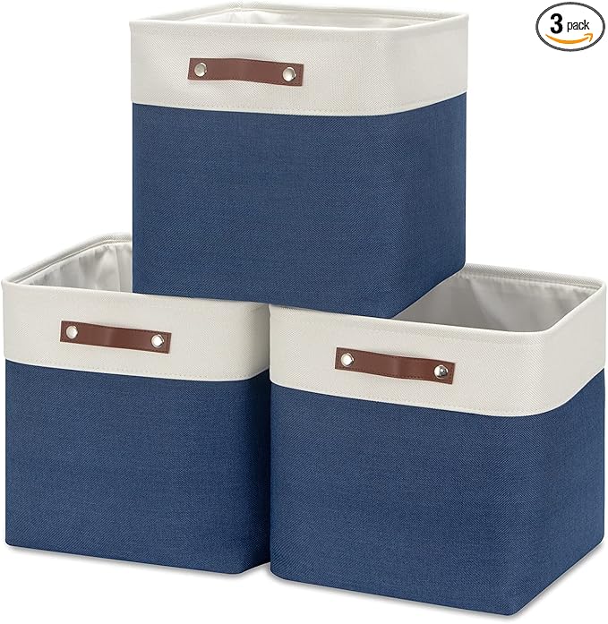 HNZIGE Baskets Fabric Storage Cubes Bins Baskets(3 Pack) Storage Baskets Cube for Shelf, Large Collapsible Organizer Closet Baskets,13x13 Toy Baskets with Leather Handle(White&Blue)