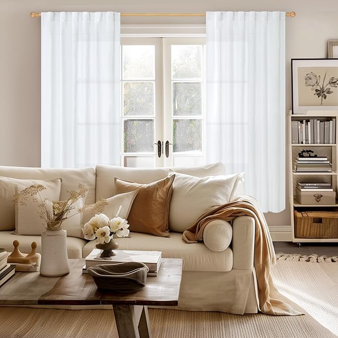 YoungsTex 72 Inch Length White Linen Curtains for Living Room 2 Panels, Rod Pocket Back Tab Semi Sheer Drapes for Light Filtering Window Treatments for Bedroom Dining, 52 X 72 Inch