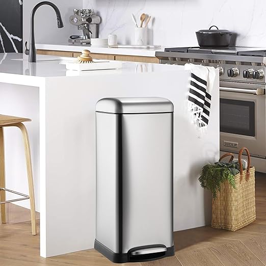 TrailBlaze 8Gallon / 30L Kitchen Trash Can, Stainless Steel Rectangular Pedal Recycle Bin with Soft-Close Lid, Removable Inner Bucket, Fingerprint-Proof, Step Trash Can for Home, Kitchen