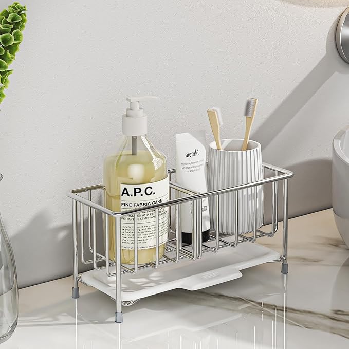 Kitchen Sink Sponge Holder, 304 Stainless Steel Soap Dispenser Caddy Organize, Kitchen Sink Brush Caddy Holder with Removable Drain Tray