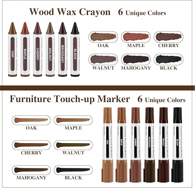 Dual Tip Furniture Markers Touch Up,Upgrade 13 Pcs Wood Markers Furniture Repair Kit,Touch Up Paint Pen and Wood Filler Putty Stick with Sharpener Kit,for Wood Stain Remover,Wood Floor Scratch Repair