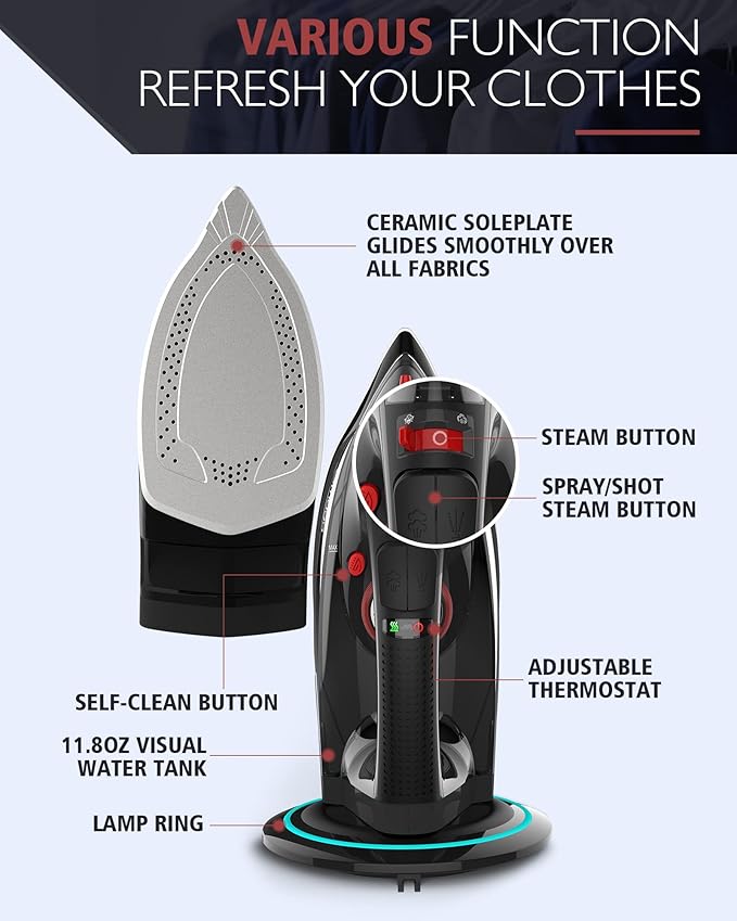 Cordless Iron for Clothes, 1500W Steam Iron Rapid Heating, Non-Stick Ceramic Soleplate, Auto Shut Off, Burst of Steam, Self-Clean, Anti Drip, 3 Temperature Settings, 11.84oz Water Tank, Black