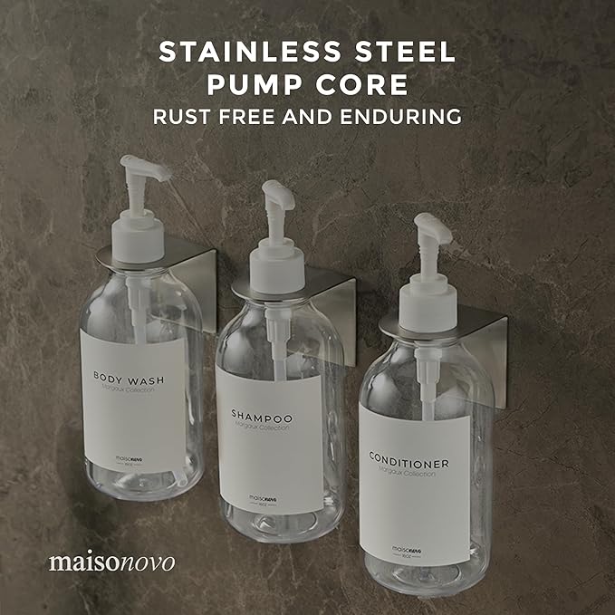 MaisoNovo Shampoo and Conditioner Dispenser - Shower Soap Dispenser Wall Mounted - 16.9 fl oz Set of 3 Clear Plastic Bottles White Pump - Shampoo Dispenser, Shower Dispenser 3 Chamber No Drill