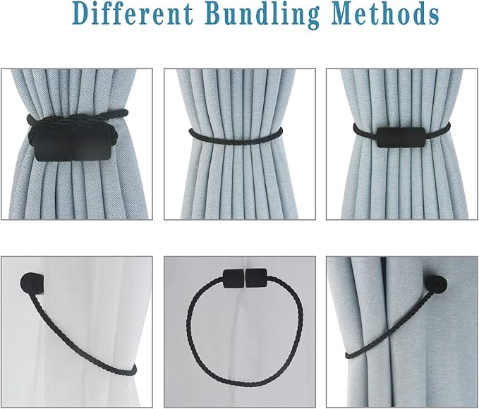 Magnetic Curtain Tiebacks 2 Pack Black Curtain Rope Tieback Curtain Holders for Drapes Modern Tie Backs Decorative Curtain Holdbacks