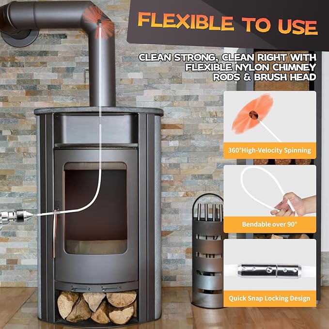 39 Feet Chimney Sweep Kit, Chimney Cleaning Kit with 12 Flexible White Chimney Rods, Chimney Brush for Sweeping Fireplace, Rotary Chimney Cleaning System Driven by Drill