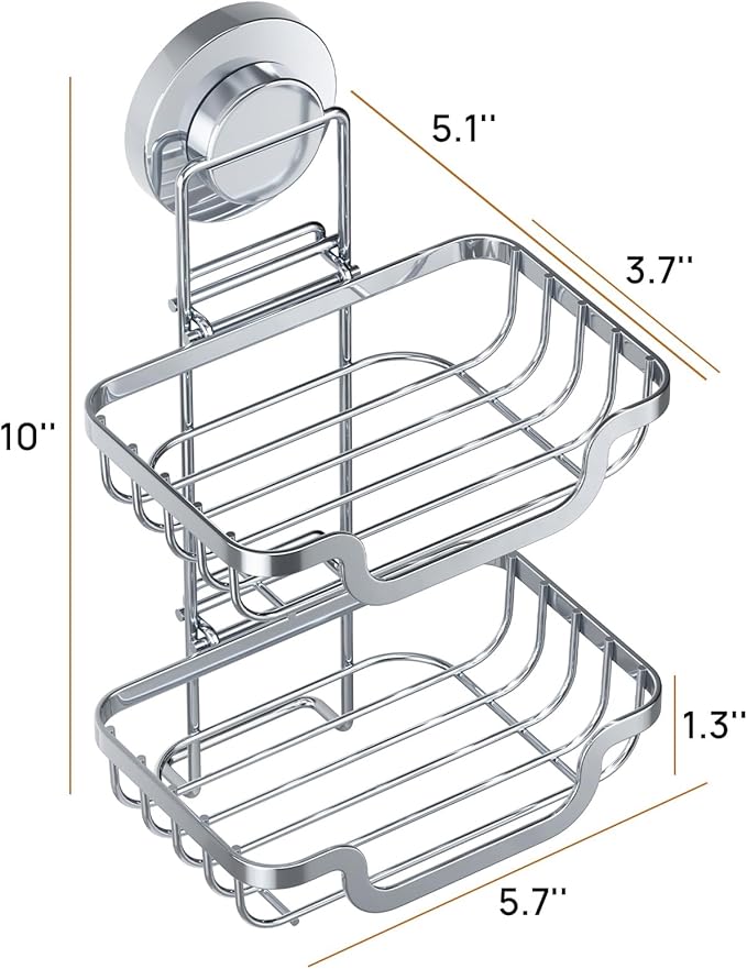 LEVERLOC 2 Tier Soap Holder, Soap Bar Dish for Shower Wall Mounted, Stainless Steel Suction Cup Sponge Holder for Bathroom Bathtub Kitchen Sink, Waterproof, Removable, Keep Dry, Silver