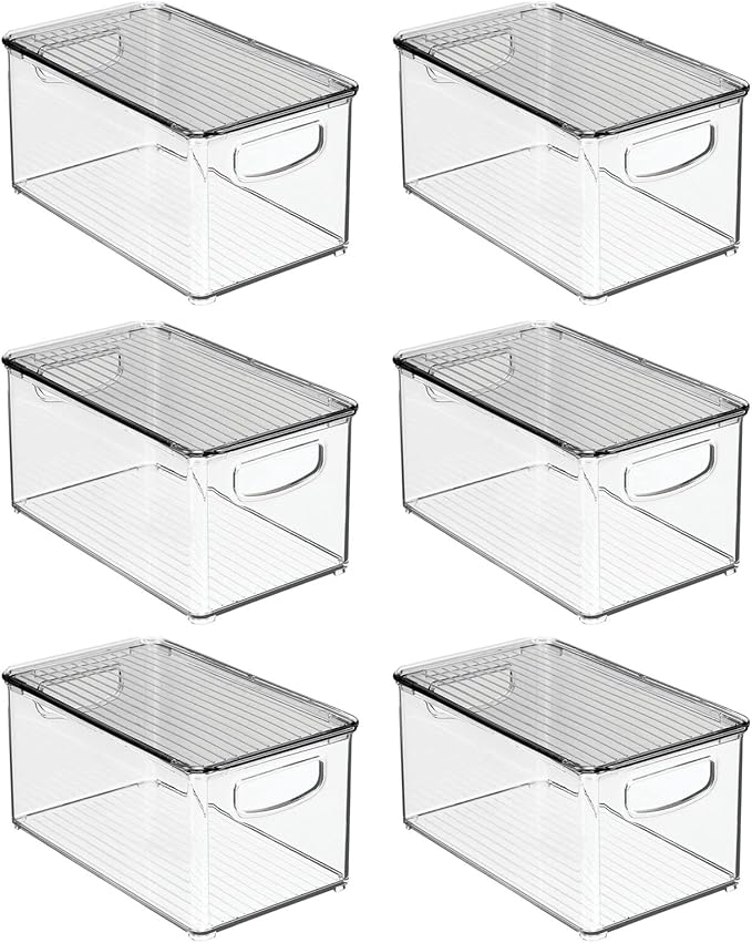 mDesign Plastic Deep Storage Bin Box Container with Lid and Built-In Handles - Organization for Fruit, Snacks, or Food in Kitchen Pantry, Cabinet, Cupboard, Ligne Collection, 6 Pack, Clear/Smoke Gray