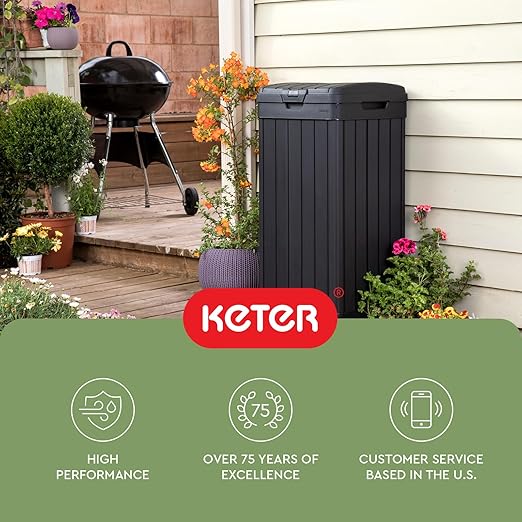 Keter Baltimore Resin 38 Gallon Outdoor Kitchen Trash Can with Lid and Drip Tray for Easy Cleaning-Perfect for Patio Dining, Black