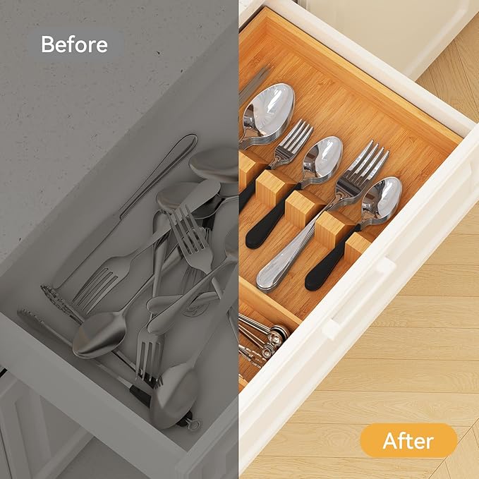 Yofidra Pure Bamboo Silverware Drawer Organizer: 16.53" Lx10 Wx1.93 H Large Silverware Utensil Tray Holder, 3-Compartment with 6 Card Slots Kitchen Flatware Organizer for Spoons Forks Knives