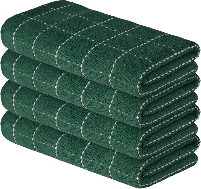Artoid Mode Checkered Designed Cotton Green Terry Kitchen Dish Towels, 15x25 Inch Soft Absorbent Quick Drying Family Cleaning Tea Towels Set of 4