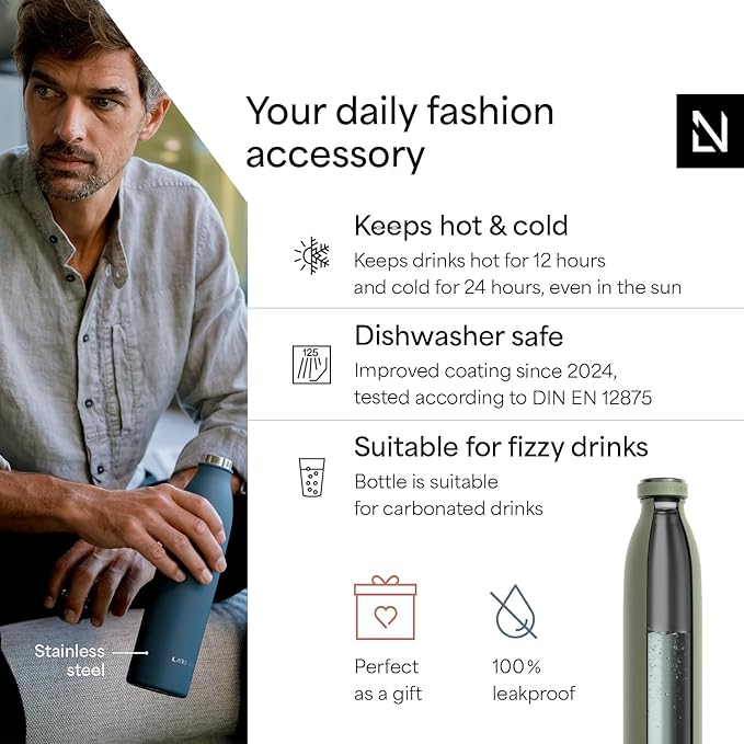LARS NYSØM Stainless Steel Insulated Water Bottle 12oz 17oz 25oz 34oz 51oz | Insulated Thermo Flask for Hot and Cold Beverages | Leakproof Drinking Bottle (Sage Green, 25.4oz)