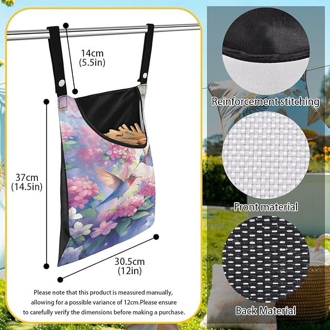 Hummingbird and Flower Clothes Pin Hanging Bag with Hanging Rope for Clothes Pins and Clothespins - Heavy Duty Outdoor Use 14.5 X 12 Inch Clothespin Bag