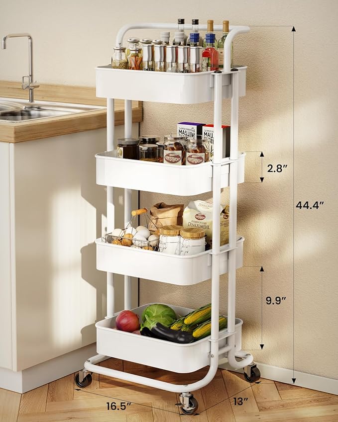 Pipishell 4 Tier Mesh Utility Cart, Rolling Metal Organization Cart with Handle and Lockable Wheels, Multifunctional Storage Shelves for Kitchen Living Room Office White, PIUC12W