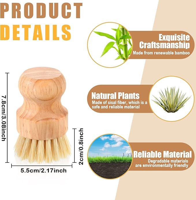 Nuenen 20 Packs Bamboo Dish Scrub Brushes Wooden Scrubbers Set Kitchen Dishwashing Scrubber with Natural Sisal Bristles for Iron Pot Pan Sink