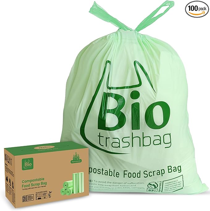 13 Gallon Compostable Trash Bags, Biodegradable Drawstring Compost Food Waste Bags, 100 Count, Heavy Duty 1 Mil, 49.2 Liter, Tall Kitchen Large Garbage Bags, US BPI and Europe OK Compost
