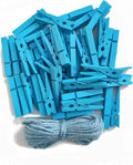 1.9" Wooden Clothespins Hanging Clothes Pins Clip Photo Holder DIY Gift Festive Party Decor with Bright Blue Jute Twine Pack 50