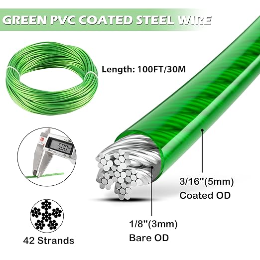 3/16" Wire Rope, 100 Ft PVC Coated Wire Cable Metal Steel Cable Trellis Kit, Multi-use Clothes Line Cable for T Post/Climbing Grapevines Plants Outdoor/String Light Hanging Kit