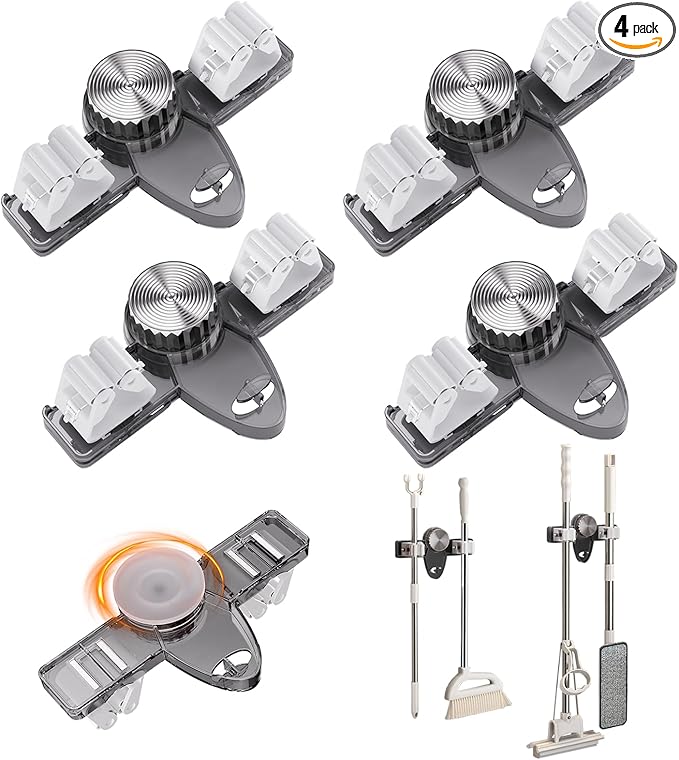 Mop and Broom Holder Wall Mount, No Punching Required Broom and Mop Organizer Wall Hanging with Hooks for Bathroom, Laundry Room, Garage, Kitchen,Garden Tool Organizer Storage (4pcs Gray)