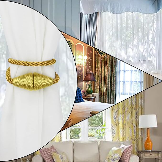 4 Pack Magnetic Curtain Tiebacks Rope Modern Handmade Curtain Tie Backs Decorative Drapes Weave Holdbacks for Window Décor, Gold