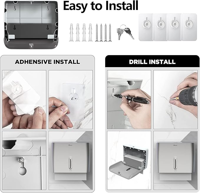 Paper Towel Dispenser Wall Mount Commercial & Home Use ABS Matte Silver Gray with Window Holds 200 C/Z/Multi-Fold Towels Includes Hardware & Key Bathroom Paper Towel Holder
