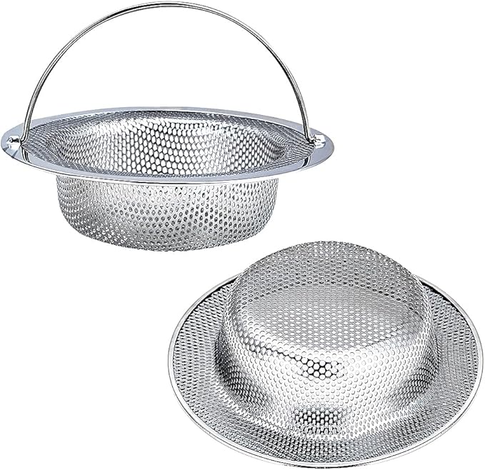 Kitchen Sink Strainer, 2-Pack Sink Strainer Basket with Handle, 4.5" Diameter, Stainless Steel, Rust Free and Dishwasher Safe