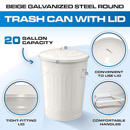 Plexon 13-Gallon Galvanized Steel Round Trash Can with Lid, Indoor and Outdoor Use, Durable Construction, Retro Design, Stylish Beige 2 Pack