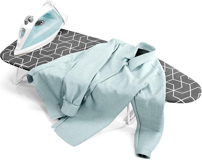 Small ironing board tabletop with heat resistant cover, Compact mini ironing board with metal mesh frame, For dorms, aprtment and travel, Hook for hanging, Iron board 30x12, Iron table stand dark gray