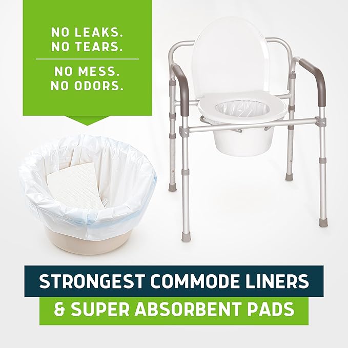 Lunderg Commode Liners with Absorbent Pads - Aloe Scent Medical Grade 50 Count Universal Fit - Disposable Bedside Commode Liners and Pads for Adult Chairs, Portable Buckets & Camping Toilet Bags