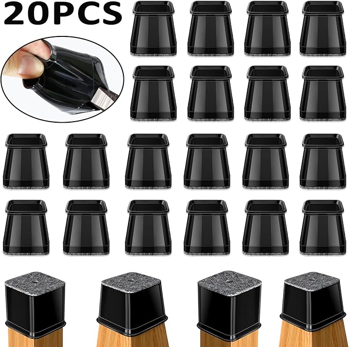 BUMACO Chair Leg Floor Protectors Square Chair Leg Protectors for Hardwood Floors 20Pcs Silicone Covers to Protect Floors Square (Black-L Fit 1-1/16" to 1-5/8")