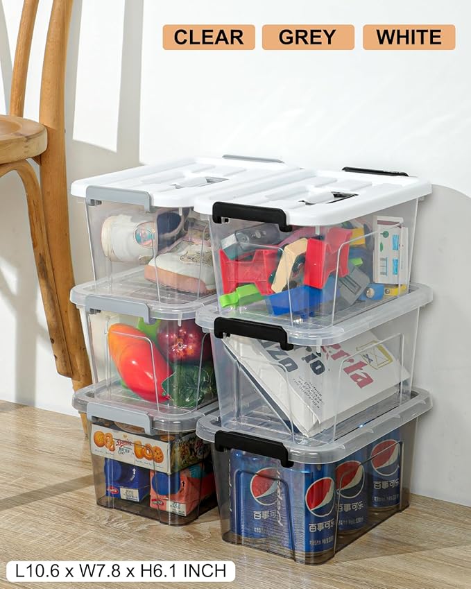 NUMIFUN Plastic Storage Bins With Lids 6 Pack Storage Organizer Bins, 7 Quart Stackable Storage Bins with Lids and Black Handle Buckle Easy for Home Office Organization, White Lids