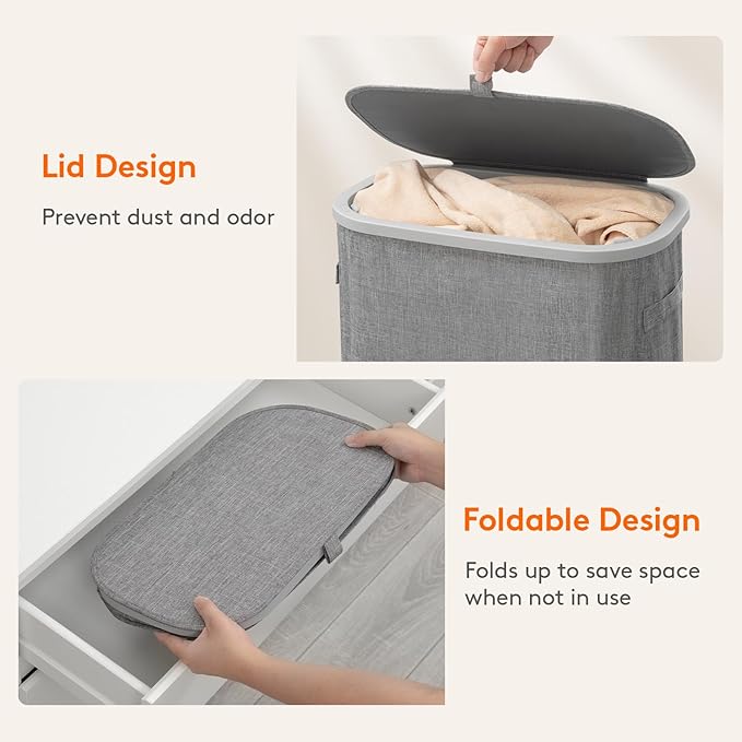 Lifewit 75L Slim Laundry Basket with Lid, Narrow Large Laundry Hamper with Plastic Handles and Removable Bag, Tall Foldable Dirty Clothes Hampers for Laundry Room, Bedroom, Bathroom, Dorm, Gray