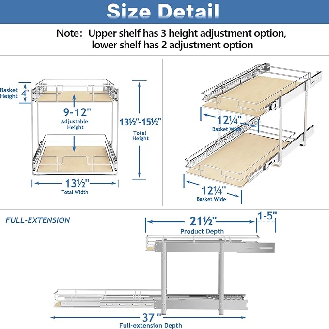 ROOMTEC 2 Tier Individual Pull Out Cabinet Organizer 13½"W x 21½"D, Slide Out Wood Shelves Organizers, Pull Out Drawers Organization and Storage for Kitchen Cabinet