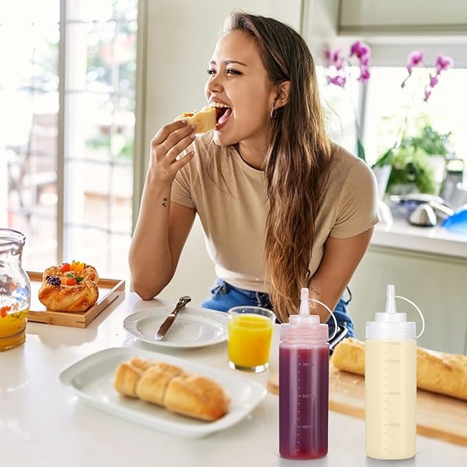 Condiment Squeeze Bottles Ketchup Dispenser, 6 Pack 12oz Squeeze Bottles for Liquids, Plastic Sauce Bottle with Cap Lid, Squirt Bottles for Sauces Liquids BBQ Dressing Pancake Art