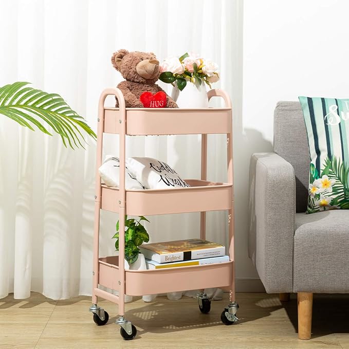 AGTEK Makeup Cart, Movable Rolling Organizer Cart, 3 Tier Metal Utility Cart, Rosiness