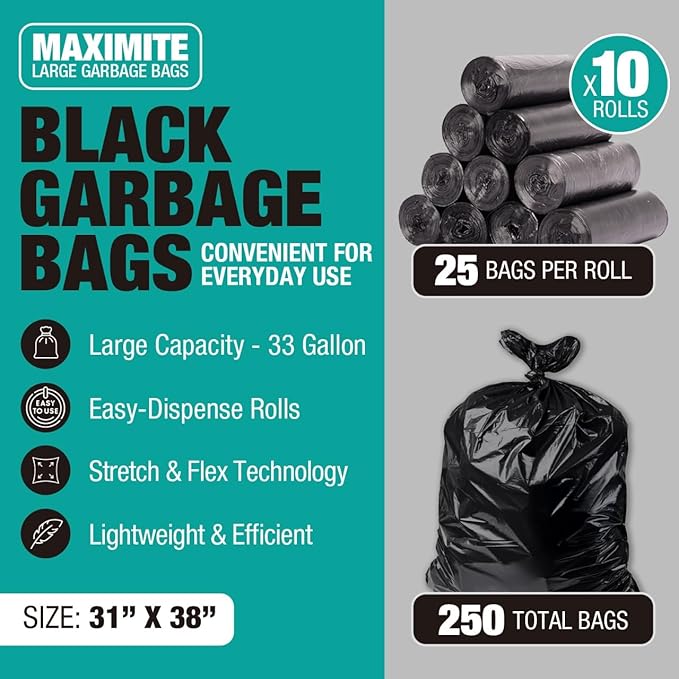 32-33 Gallon Black Trash Bags, Heavy-Duty | 32” x 38” | 250 Count Bulk Pack | Large, Durable & Tear-Resistant Garbage Bags for Home, Commercial, Construction & Outdoor Use