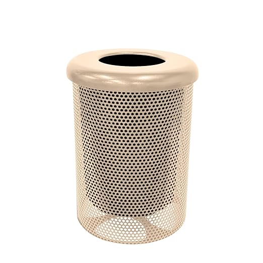 COATEDOUTDOORFURNITURE RFT-P-TAN Heavy Duty Round Trash Receptacle with Flat Top, Liner Included, 32 Gallon, Tan, Made in America