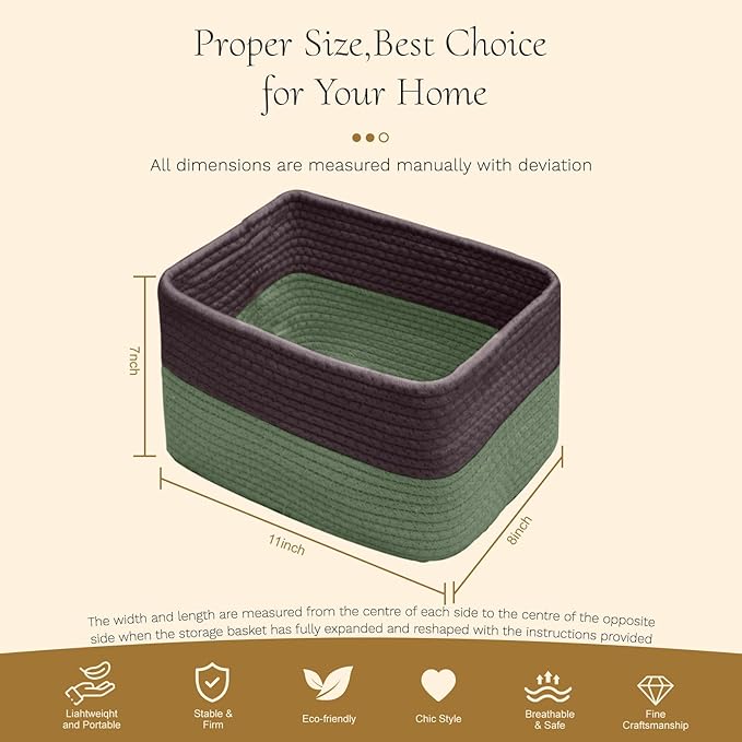 Hopegiver Woven Storage Baskets 11x8x7 Inch, 3 Pack Collapsible Cube Storage Bin for Shelves - Foldable Cotton Rope Organizer Bins for Towels, Toys, Books, Closet, Nursery (Brown Green)