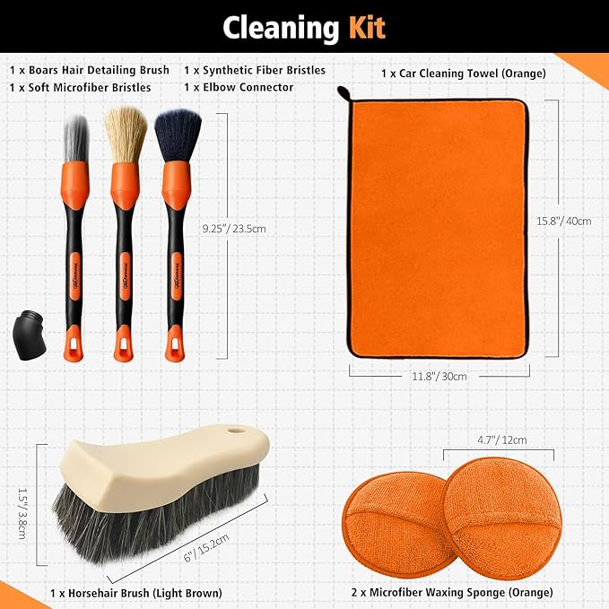 YeewayVeh 7PCS Car Interior Detailing Kit, Horse Hair Car Leather Brush, Applicator Pads and Microfiber Cloth for Car Interior & Seats Leather, Interior Car Cleaning Kit, Orange