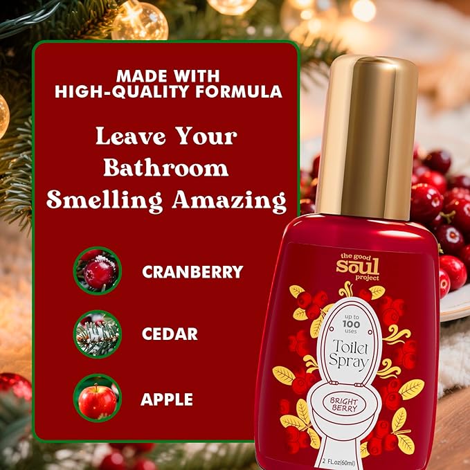 Holiday Toilet Spray, Bright Berry, 4 Fl.Oz, Up to 200 Uses, Travel Essentials, Bathroom Odor Deodorizer, Air Freshener Spray