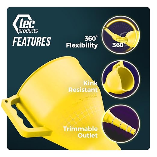 TEC Products FlexAll Long Flexible Funnel for Automotive Use - Durable Nitrile Rubber - Ideal for Car Oil Change, Transmission Funnel Fluid, Diesel, Fuel, Gas - Made in USA - Yellow (16 x 5 Inches)